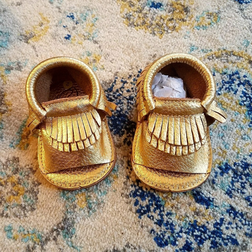 NWT First Steps Gold Leather Moccasins, size 2